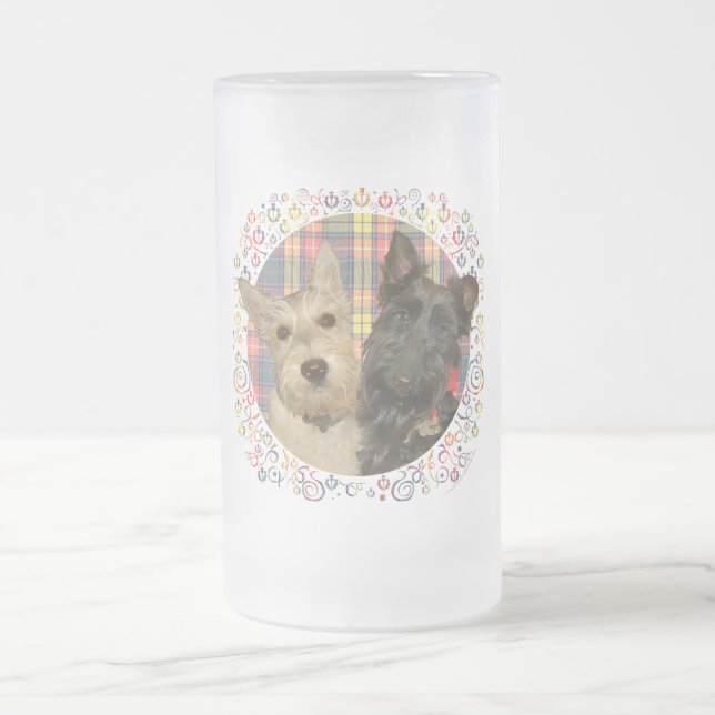 Wheaten & Black Scotties on Tartan Frosted Glass Beer Mug (Center)