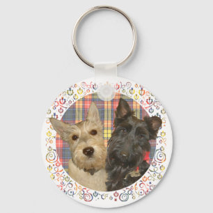 Wheaten & Black Scotties on Tartan Key Ring