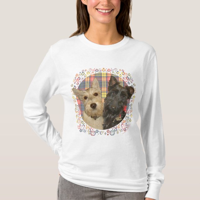 Wheaten & Black Scotties on Tartan T-Shirt (Front)