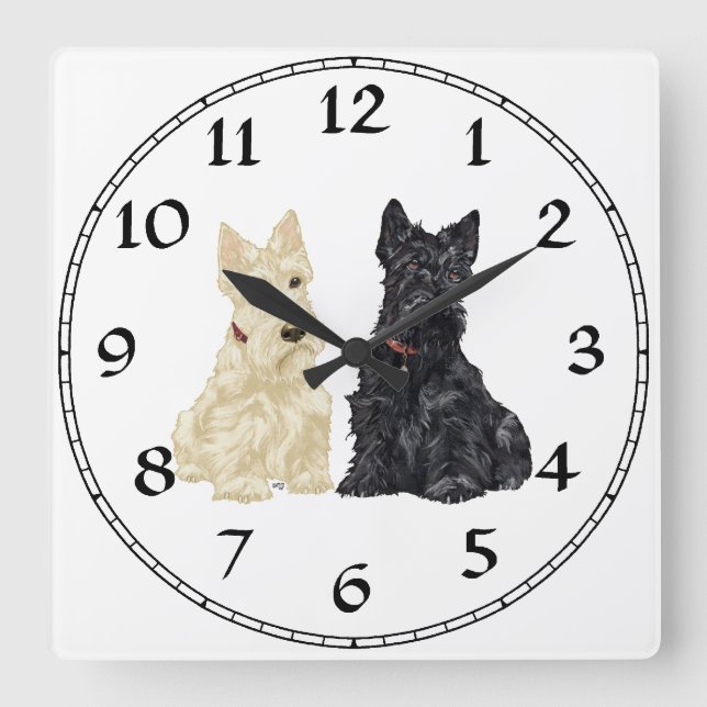 Wheaten & Black Scottish Terriers Square Wall Clock (Front)