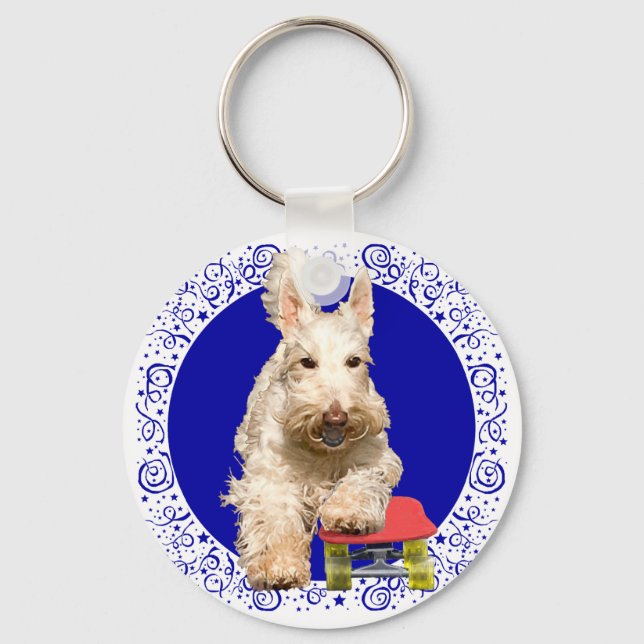 Wheaten Scottie on a Skateboard Key Ring (Front)