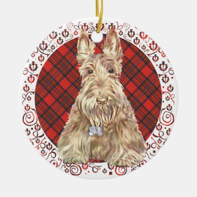 Wheaten Scottie Tartan Ceramic Tree Decoration (Front)