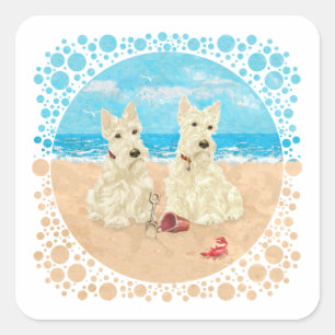 Wheaten Scotties at the Beach Square Sticker