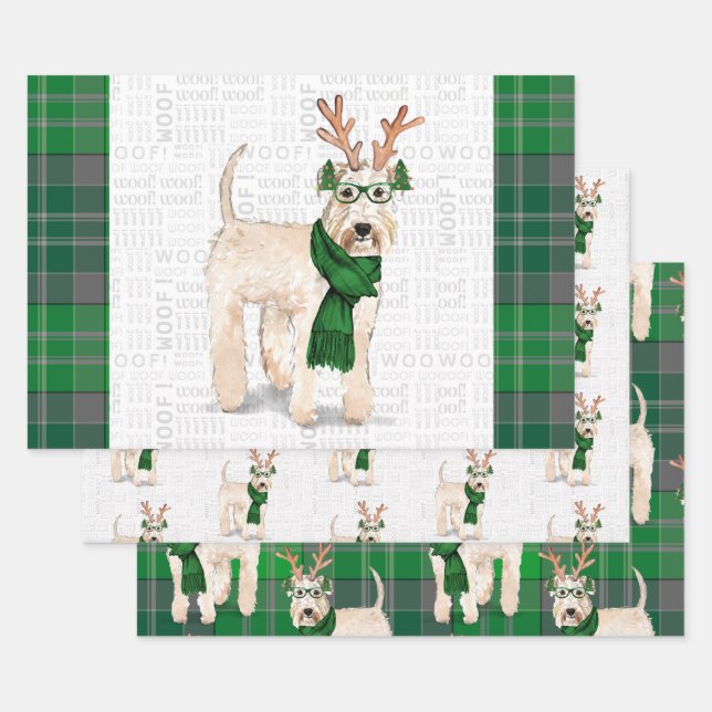 Wheaten Terrier Christmas Dog and Green Plaid Wrapping Paper Sheet (Set)