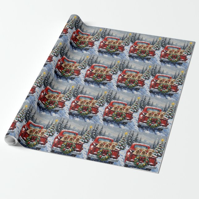 Wheaten Terrier Christmas Red Truck Holiday Gift Wrapping Paper (Unrolled)
