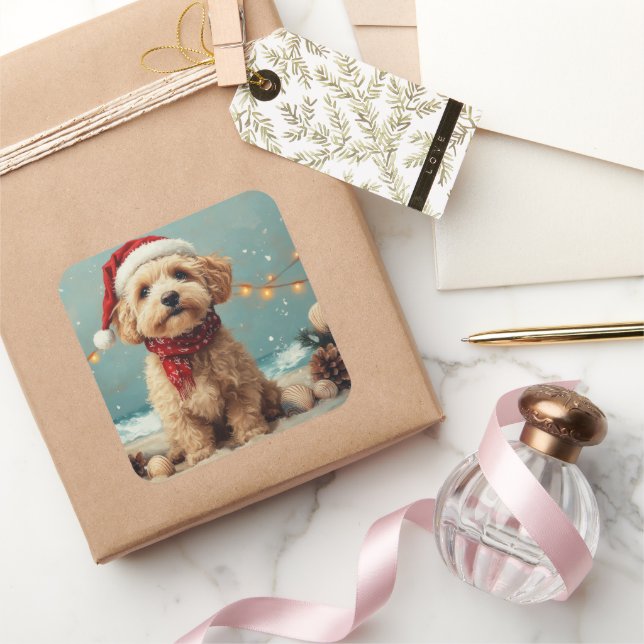 Wheaten Terrier Dog Christmas Vintage Beach Square Sticker (Gifting)
