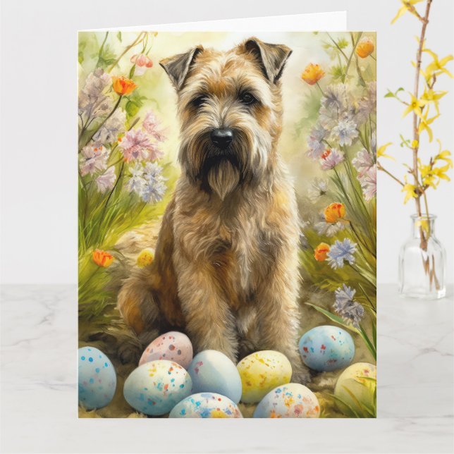 Wheaten Terrier Dog With Easter Eggs Holiday  Card (Yellow Flower)
