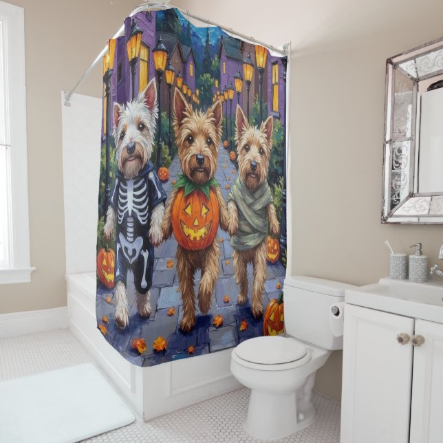Wheaten Terrier Dogs In Halloween Cotumes Shower Curtain (In Situ)