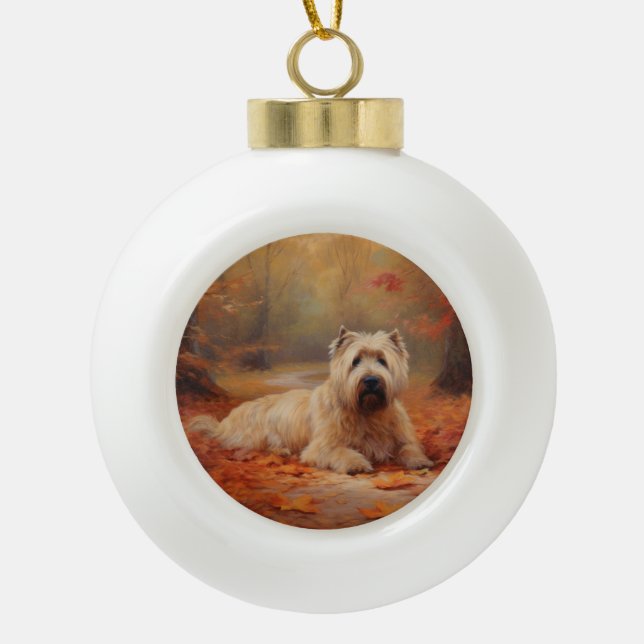 Wheaten Terrier in Autumn Leaves Fall Inspire  Ceramic Ball Christmas Ornament (Front)