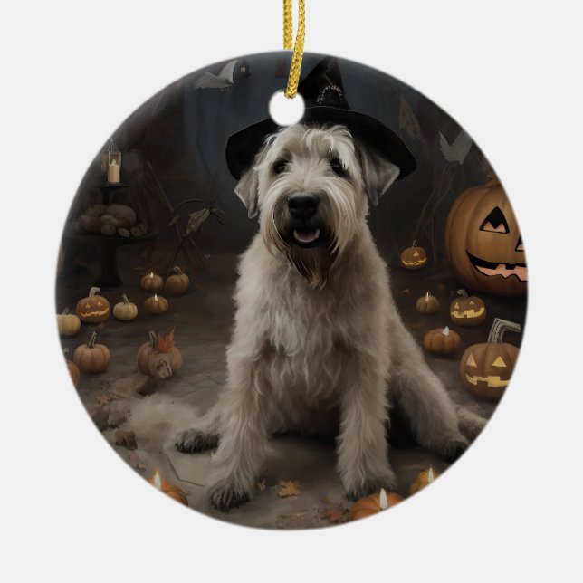 Wheaten Terrier Pumpkins Halloween Scary Ceramic Tree Decoration (Front)