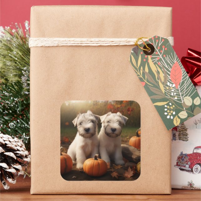 Wheaten Terrier Puppy Autumn Delight Pumpkin Square Sticker (Holiday)