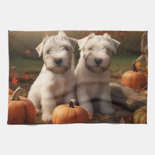 Wheaten Terrier Puppy Autumn Delight Pumpkin Tea Towel