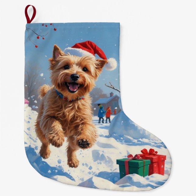 Wheaten Terrier Running in Snow with Christmas Hat Large Christmas Stocking (Front)