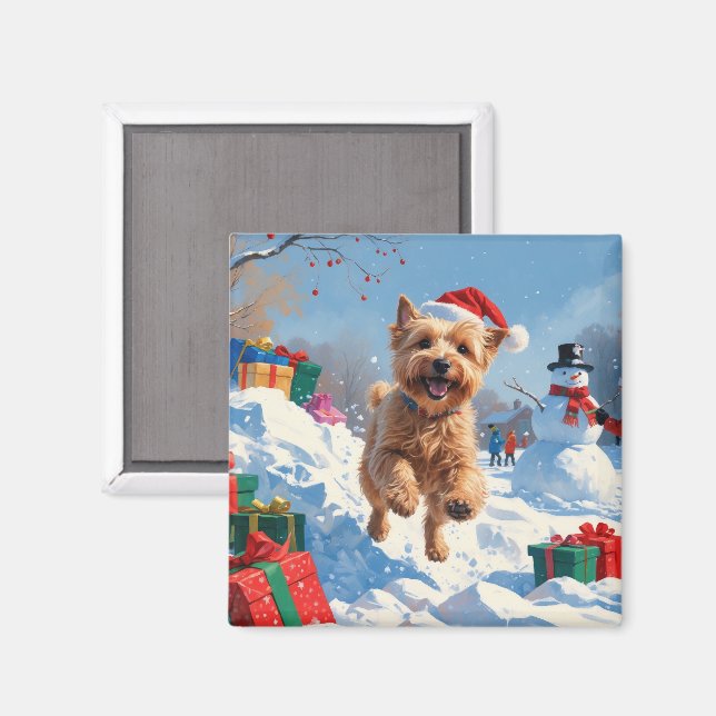 Wheaten Terrier Running in Snow with Christmas Hat Magnet (Front/Back)