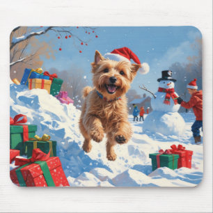 Wheaten Terrier Running in Snow with Christmas Hat Mouse Pad