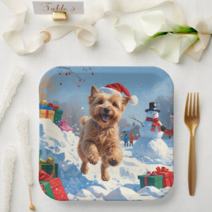 Wheaten Terrier Running in Snow with Christmas Hat Paper Plate