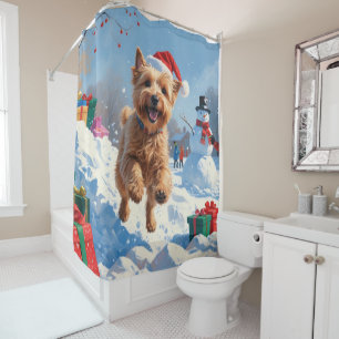 Wheaten Terrier Running in Snow with Christmas Hat Shower Curtain