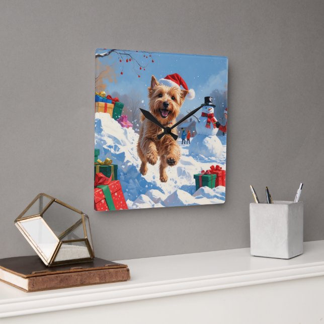 Wheaten Terrier Running in Snow with Christmas Hat Square Wall Clock (Office)