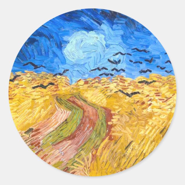 Wheatfield with Crows (1890) Van Gogh Fine Art Classic Round Sticker (Front)