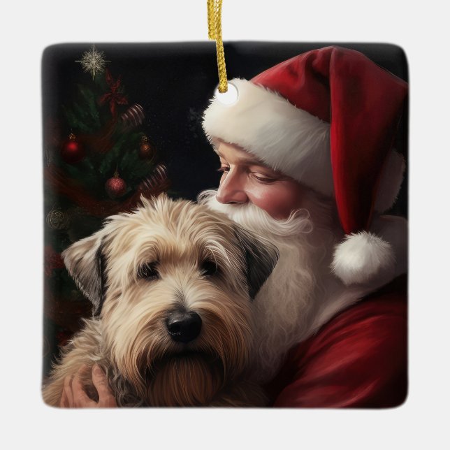 Wheaton Terrier With Santa Claus Festive Christmas Ceramic Ornament (Front)