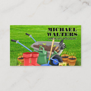 Wheel Barrow Gardening Tools   Grass Background Business Card