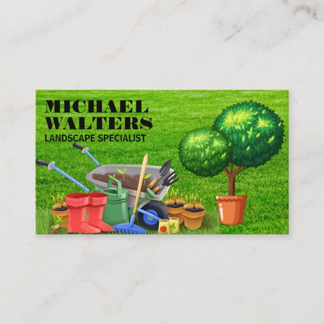 Wheel Barrow Gardening Tools | Topiary Business Card (Front)