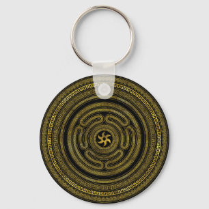 Wheel of Hecate Greek Key Black and Gold Key Ring