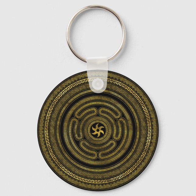 Wheel of Hecate Greek Key Black and Gold Key Ring (Front)