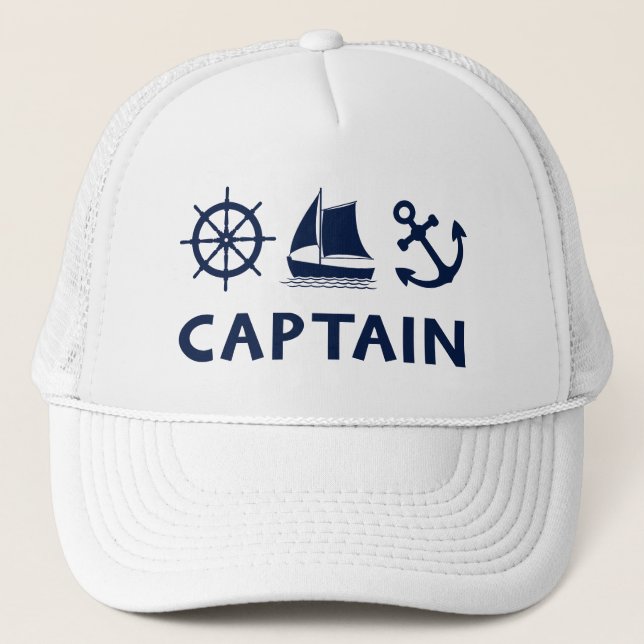 Wheel Sailboat Anchor Captain Dark Blue Trucker Hat (Front)