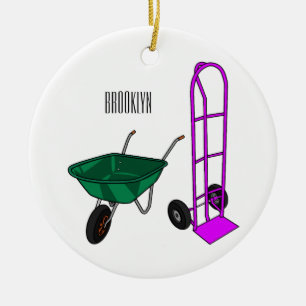 Wheelbarrow & hand trolley cartoon illustration ceramic tree decoration