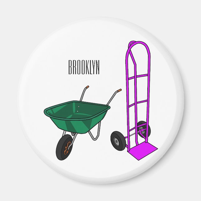 Wheelbarrow & hand trolley cartoon illustration magnet (Front)