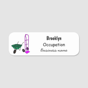Wheelbarrow & hand trolley cartoon illustration name tag