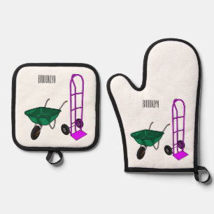 Wheelbarrow & hand trolley cartoon illustration oven mitt & pot holder set