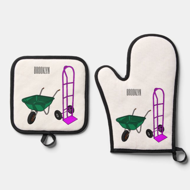 Wheelbarrow & hand trolley cartoon illustration oven mitt & pot holder set (Front)