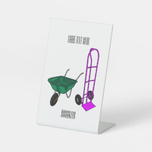 Wheelbarrow & hand trolley cartoon illustration pedestal sign