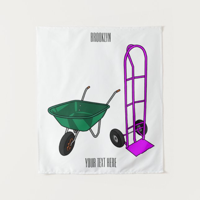 Wheelbarrow & hand trolley cartoon illustration tapestry (Front)