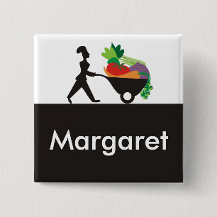 wheelbarrow woman chef giant vegetables name ta... 15 cm square badge