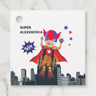 Wheelchair Superhero Flying Hero Girl Birthday Favour Tags