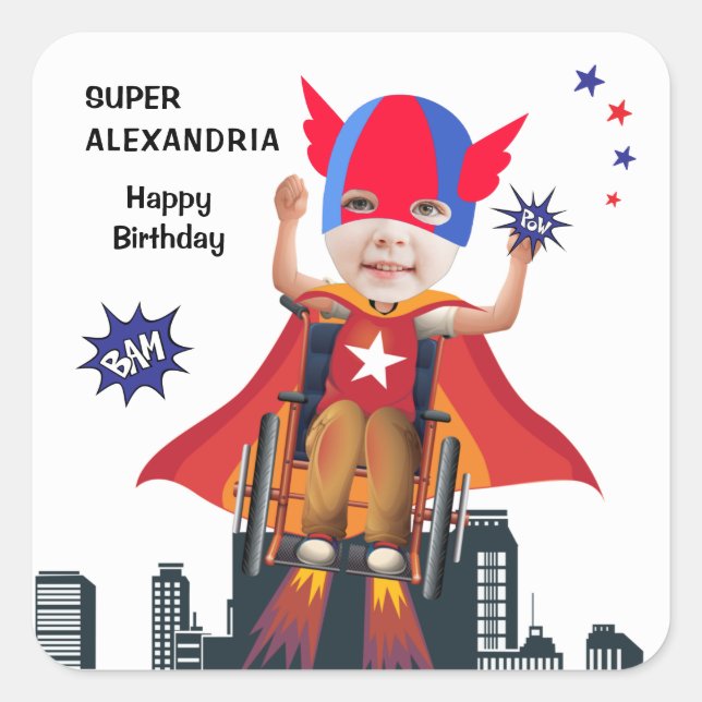 Wheelchair Superhero Flying Hero Girl Birthday Square Sticker (Front)
