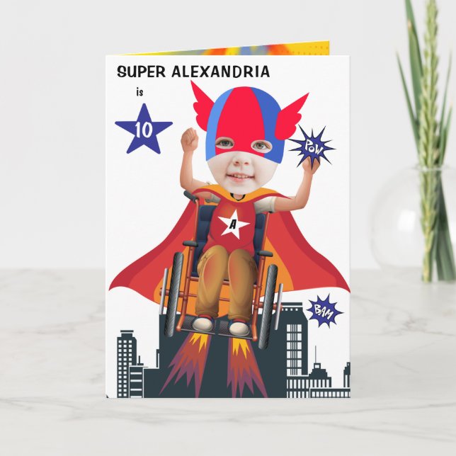 Wheelchair Superhero Girl Flying Hero Birthday Card (Front)