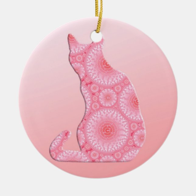 "Wheels of Light" Cat - coral pink Ceramic Tree Decoration (Front)