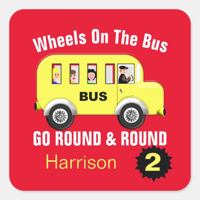 Wheels On The Bus Kids Cute Personalised Square Sticker (Front)