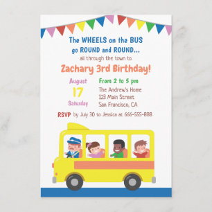 Wheels on the Bus School Bus Kids Birthday Party Invitation