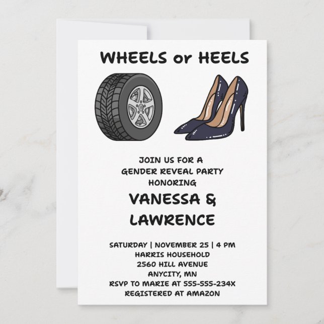 Wheels or Heels Gender Reveal Invitation (Front)