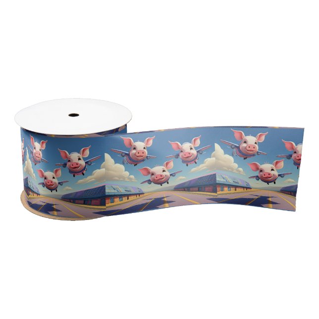When Pigs Fly Funny Winged Pigs Satin Ribbon (Spool)