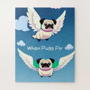 When Pugs Fly Cute Flying Puppies Cartoon in Sky Jigsaw Puzzle