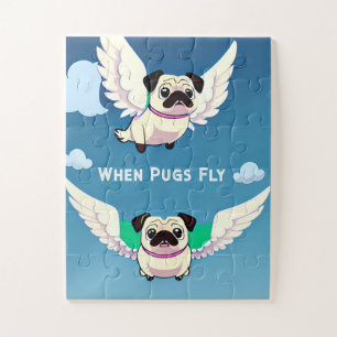 When Pugs Fly Funny and Cute Pug Dogs Flying High Jigsaw Puzzle