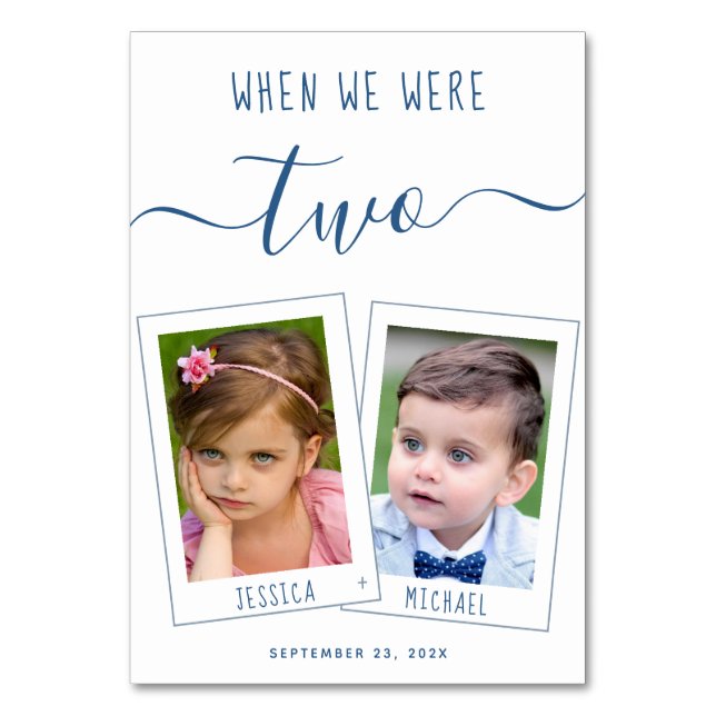 When We Were Age Kids Photos & Names Blue Wedding Table Number (Front)