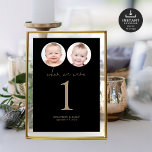 When We Were Age Photo Wedding Table No Black Gold Card<br><div class="desc">When We Were Age Photos Wedding Black Gold Script Table Number Card. Available digitally and printed. A minimalist design with "When we were" in a set handwriting style script and your table number beneath. Easily personalise the number, replace the sample images with your own for that age which are in...</div>