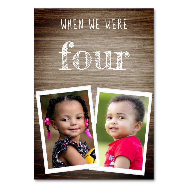 When We Were Age Retro Kids Photos on Wood Wedding Table Number (Front)